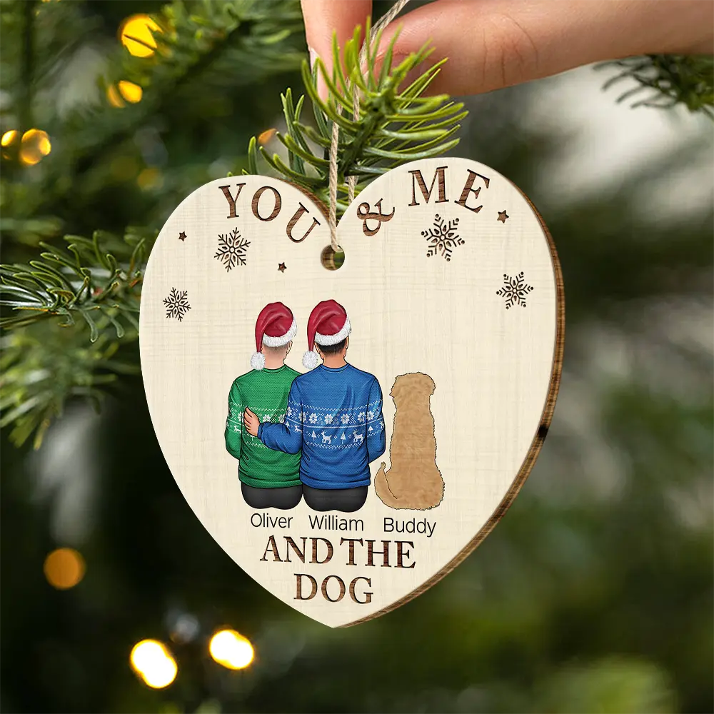 You & Me & The Dog Christmas Loving Couple - Personalized Custom Shaped Wooden Ornament - Image 2