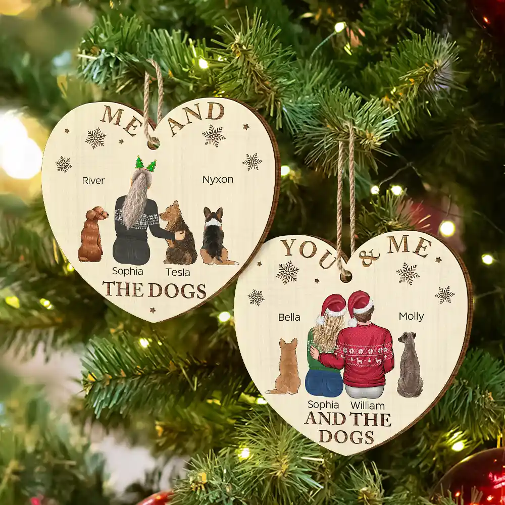You & Me & The Dog Christmas Loving Couple - Personalized Custom Shaped Wooden Ornament - Image 6