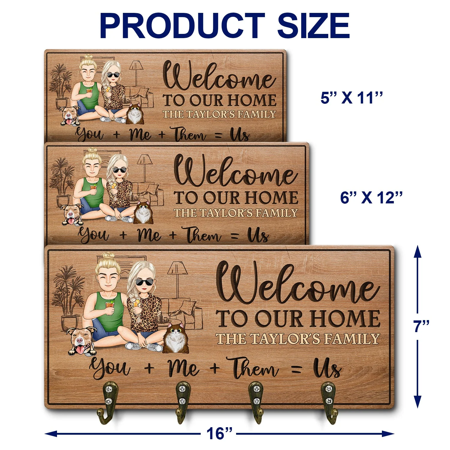 You Me Them Us Dogs Cats Family - Home Decor Gift For Family, Couple, Pet Lovers - Personalized Custom Wood Key Holder - Image 4
