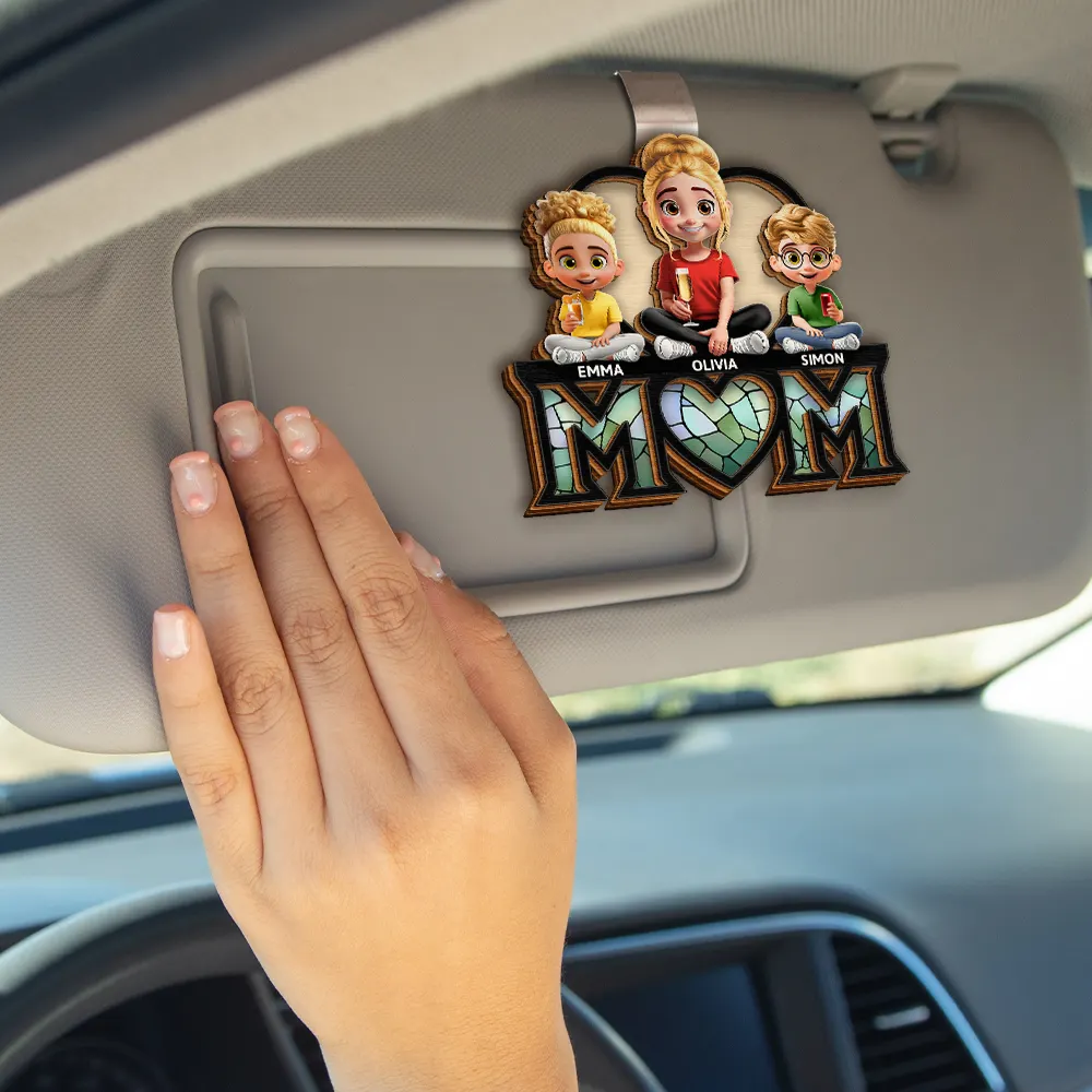 Young Mother Daughter Son We Love You Mom 3D Cartoon - Personalized Custom Shaped Car Visor Clip - Image 4