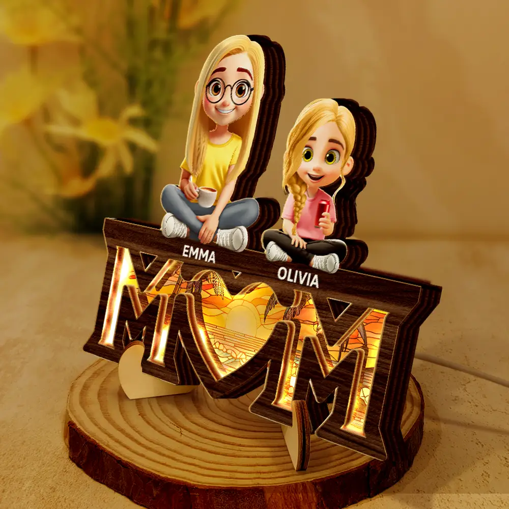 Young Mother Daughter Son We Love You Mom 3D Cartoon - Personalized LED Light Wooden Plaque - Image 2