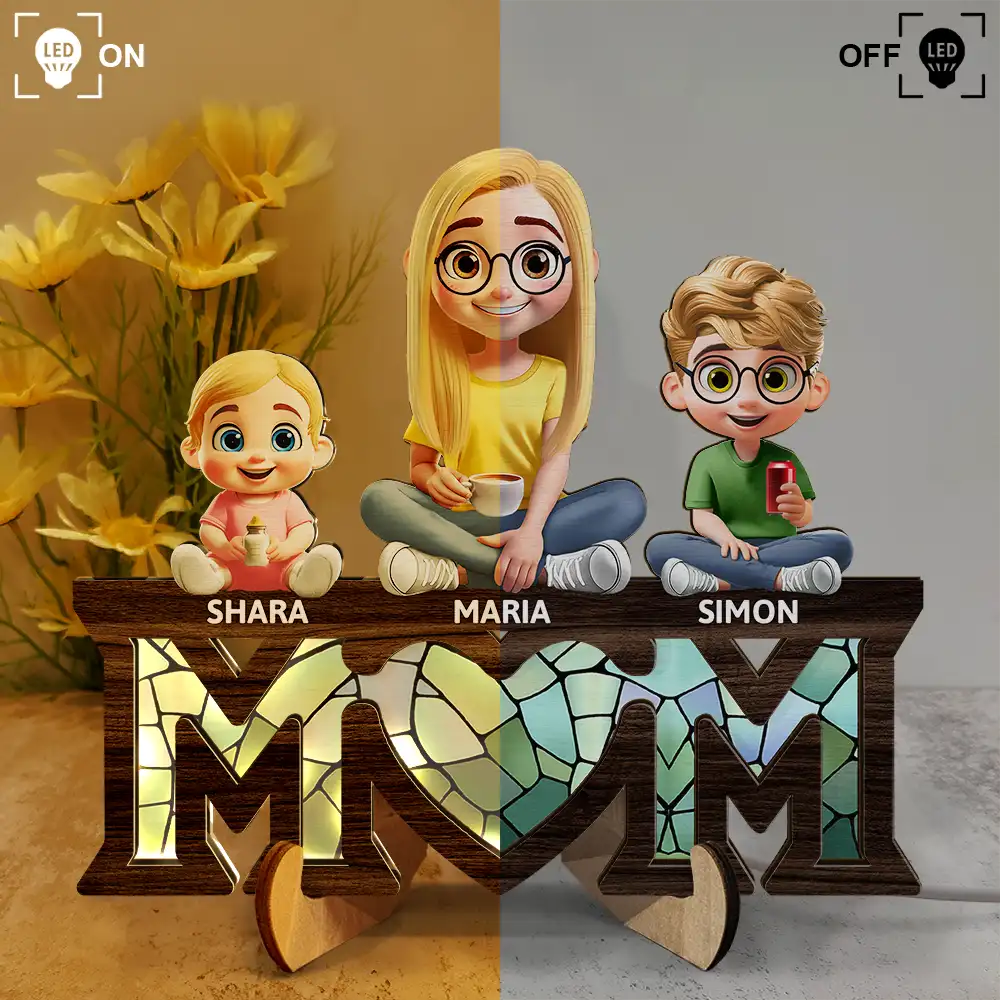 Young Mother Daughter Son We Love You Mom 3D Cartoon - Personalized LED Light Wooden Plaque - Image 3