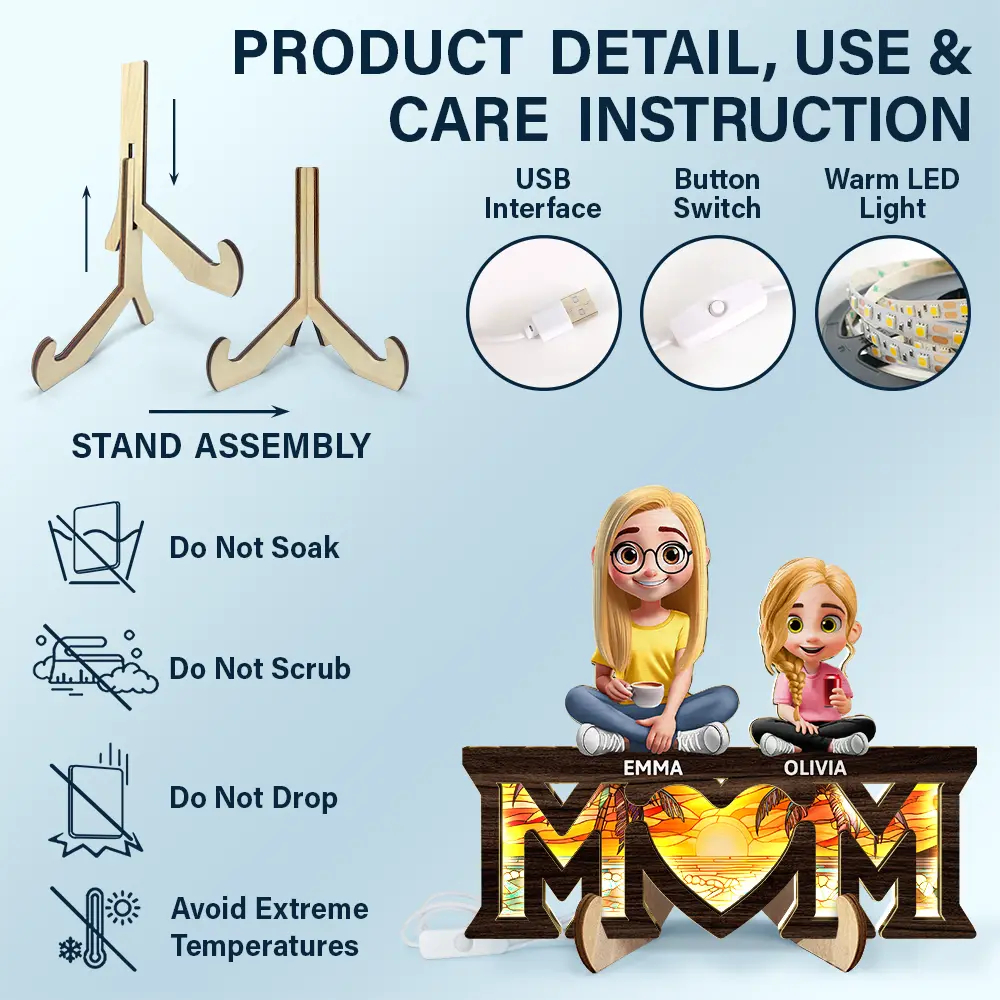 Young Mother Daughter Son We Love You Mom 3D Cartoon - Personalized LED Light Wooden Plaque - Image 5