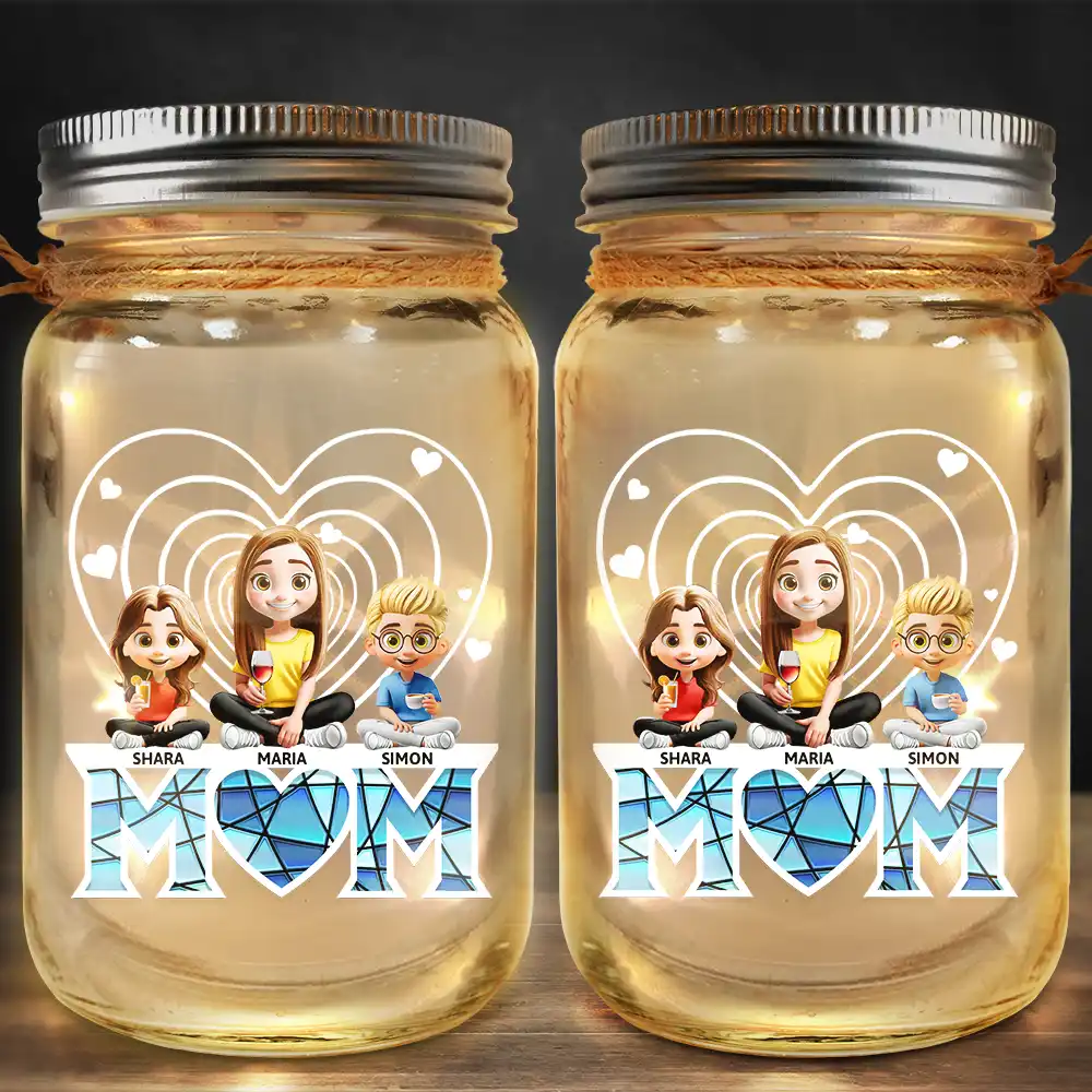 Young Mother Daughter Son We Love You Mom 3D Cartoon - Personalized Mason Jar Light - Image 2