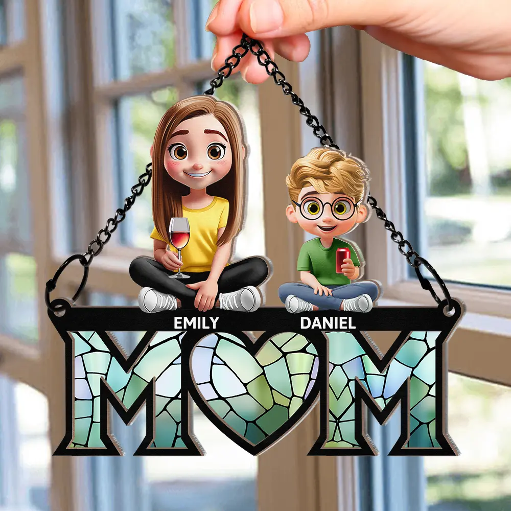Young Mother Daughter Son We Love You Mom 3D Cartoon - Personalized Window Hanging Suncatcher Ornament - Image 2