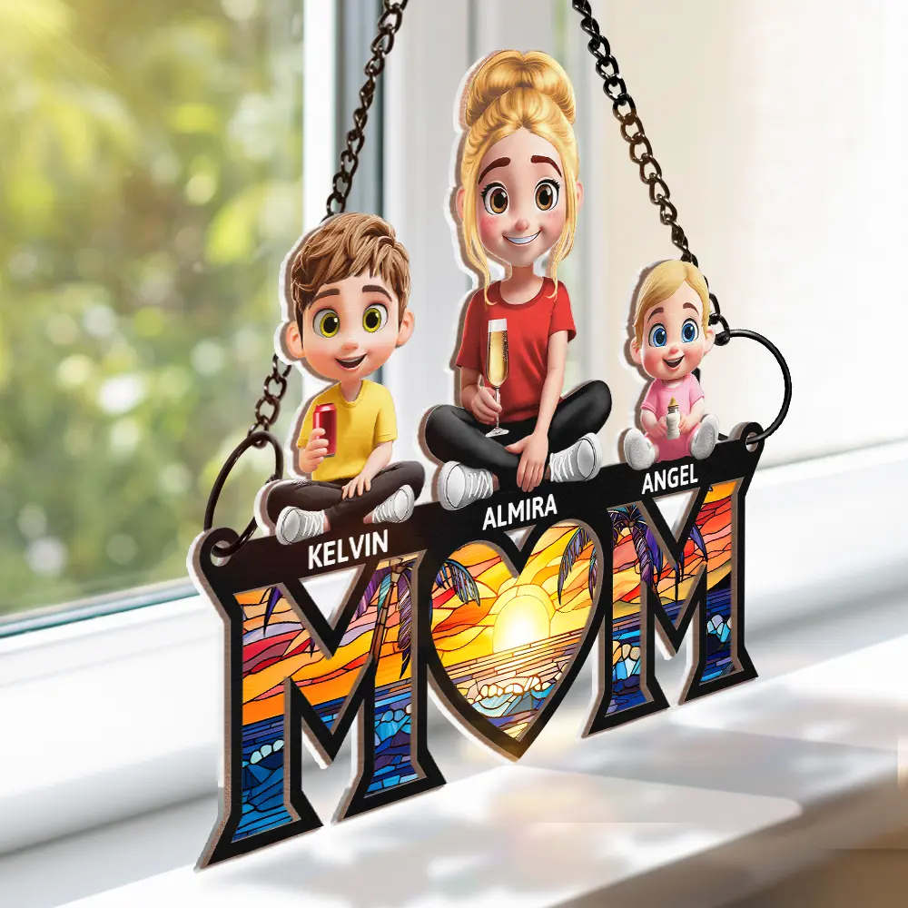 Young Mother Daughter Son We Love You Mom 3D Cartoon - Personalized Window Hanging Suncatcher Ornament - Image 3