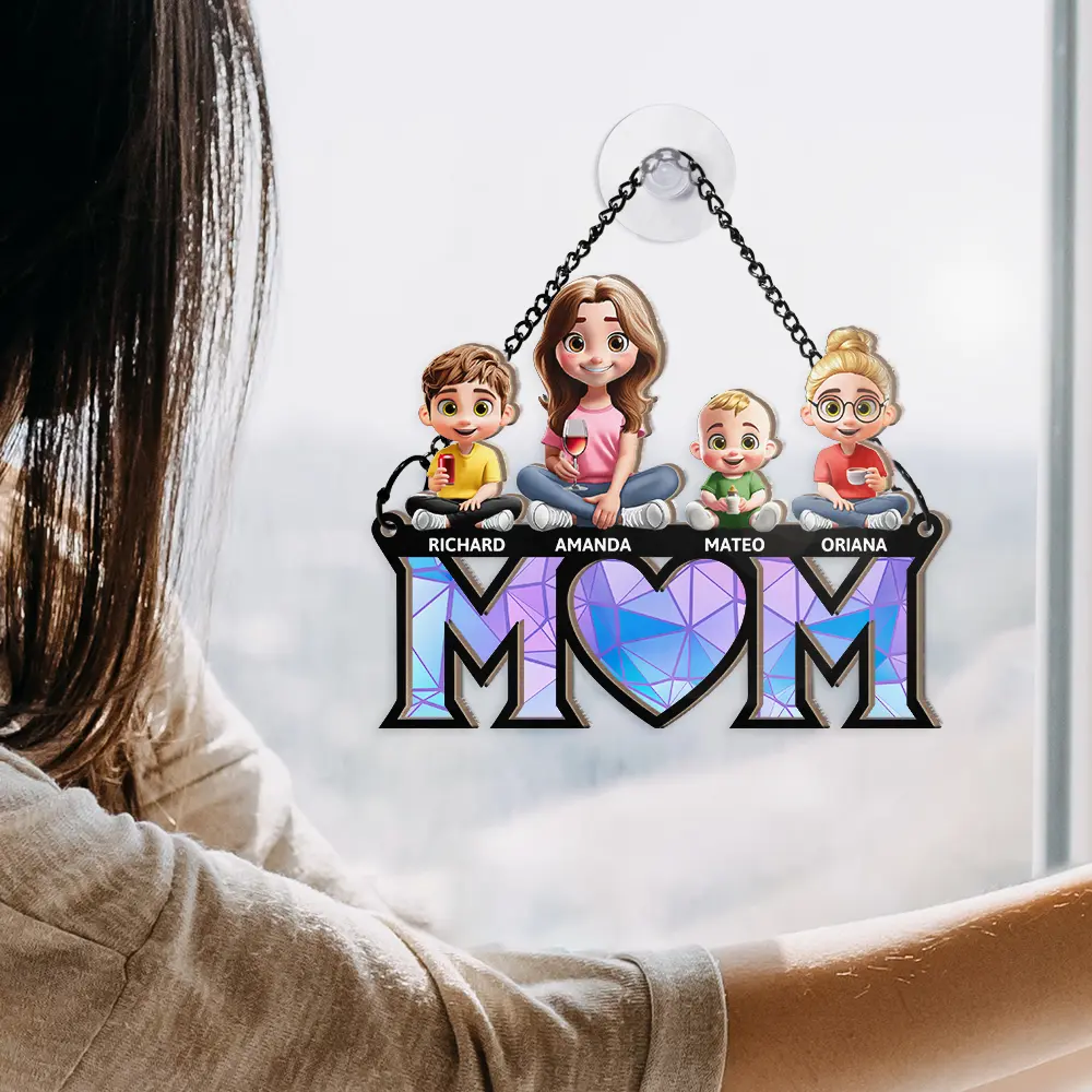 Young Mother Daughter Son We Love You Mom 3D Cartoon - Personalized Window Hanging Suncatcher Ornament - Image 4