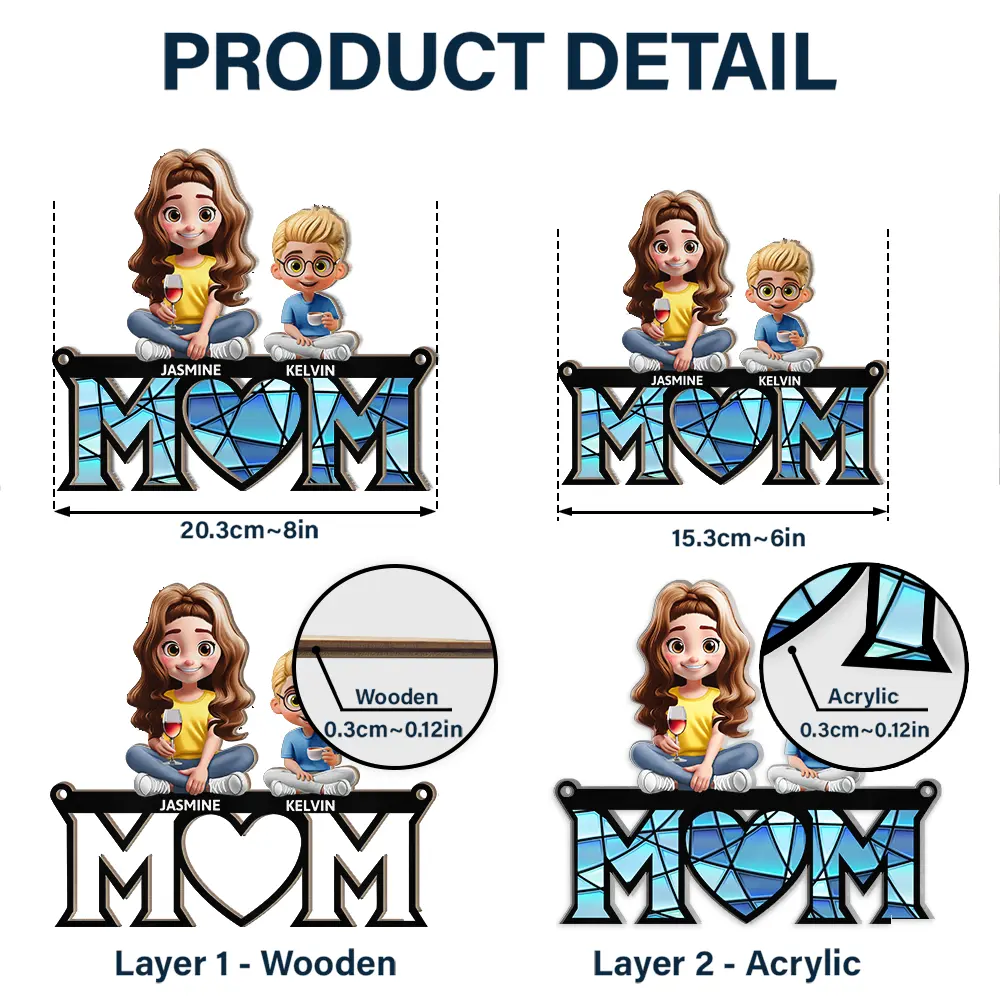 Young Mother Daughter Son We Love You Mom 3D Cartoon - Personalized Window Hanging Suncatcher Ornament - Image 5
